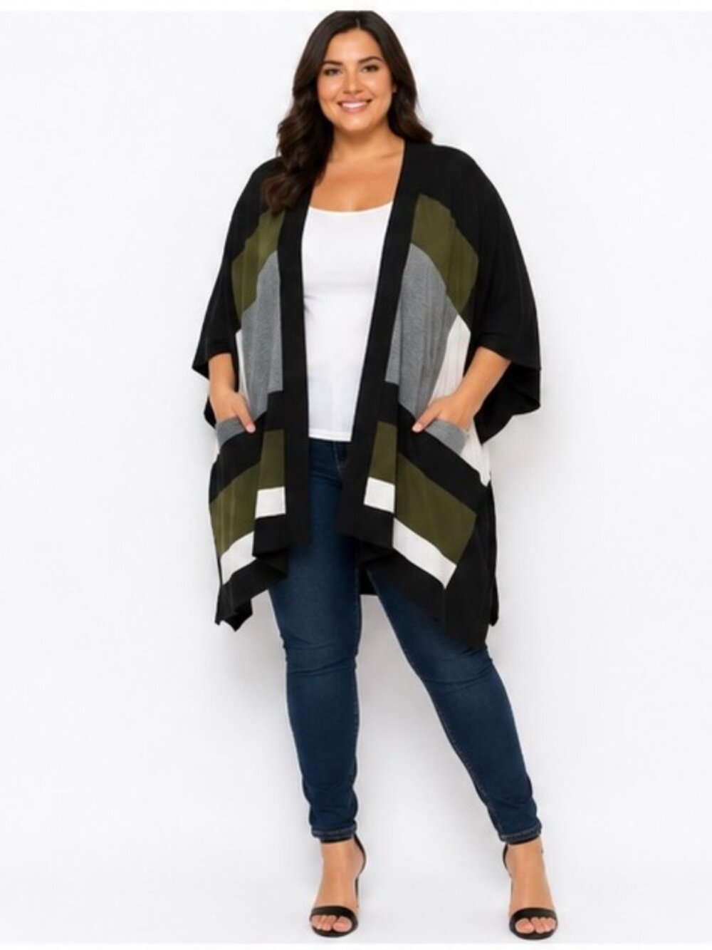 Alfani Women’s 0X 1X Black Olive Gray Colorblock Open Front Cardigan Kimono Drap
